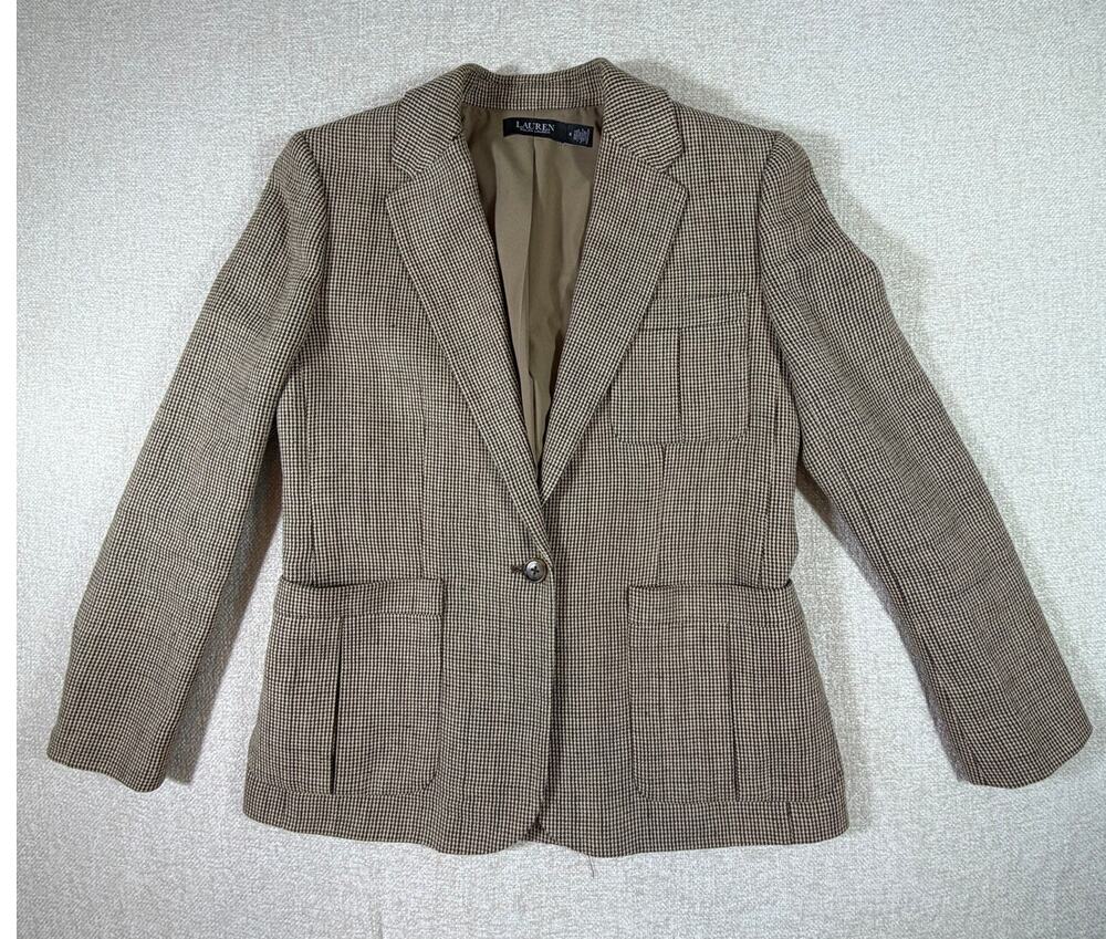 Lauren Ralph Lauren Black Label Women 8 Tan Houndstooth Linen Blend Blazer